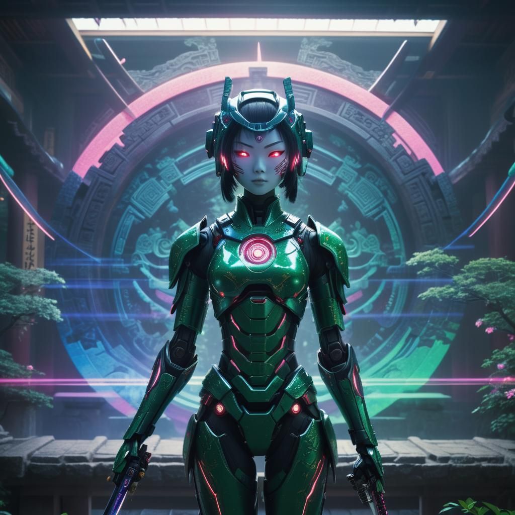 Neon-Accented Robot Warrior in Ancient Temple