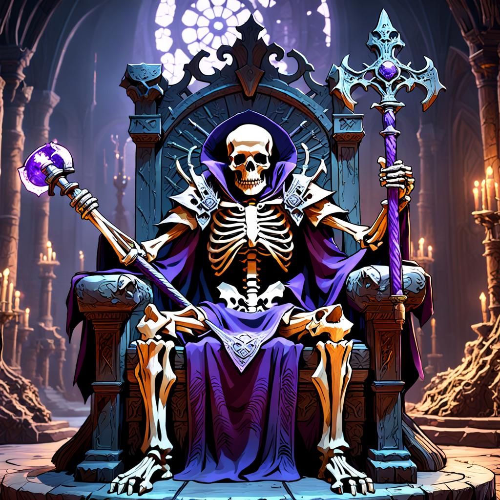 Orkbakh's Withered Skeleton on Throne: Dark Fantasy Art