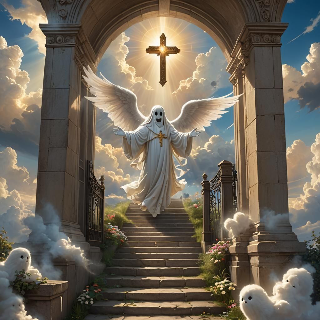 Heavenly Gate: Smiling Ghost Awaits in Digital Painting