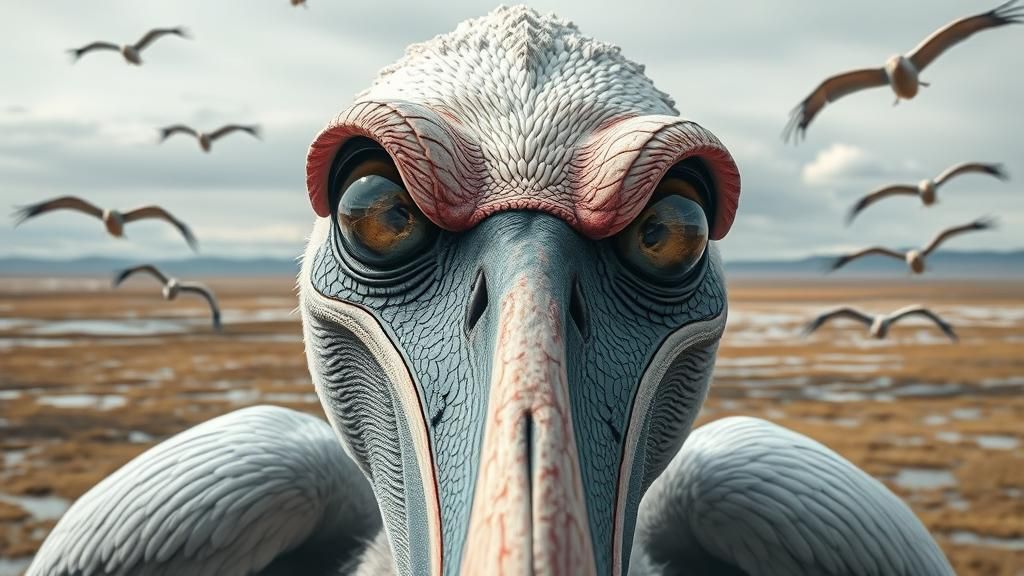 Surreal Pelican with Crying Eyes Over Mongolia