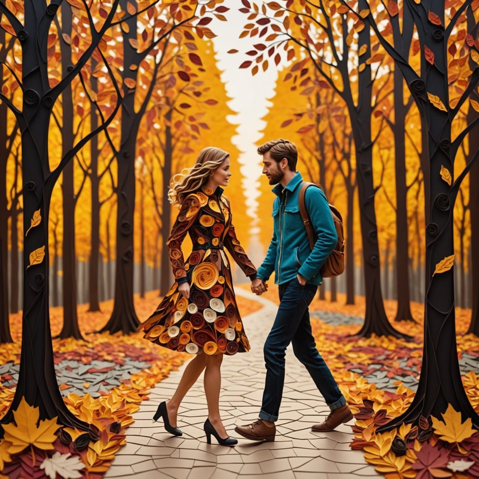 Quilling Collage Art of Lovers in Autumn Forest