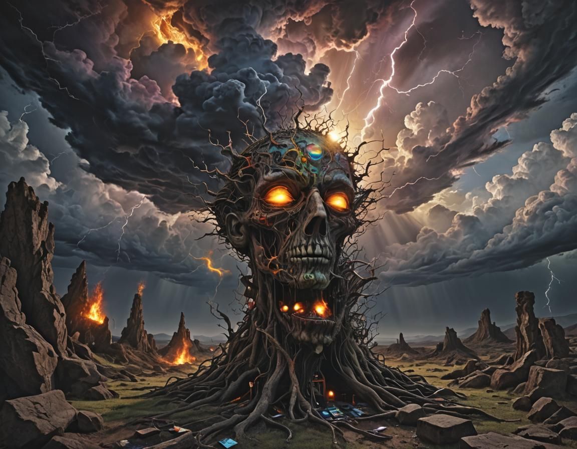 Surreal Stormy Sky in Disjointed Cyberpunk Space