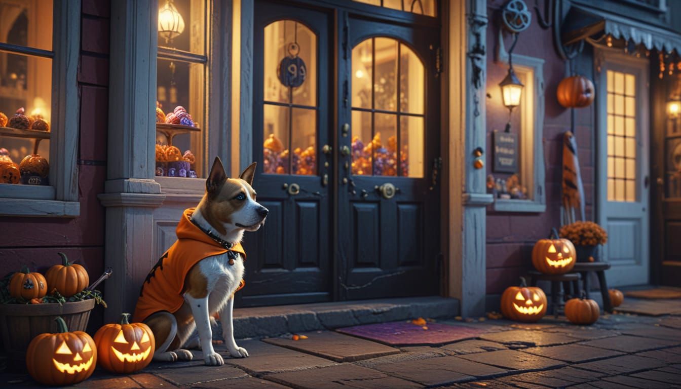 Dog in Halloween Costume at Candyshop Door