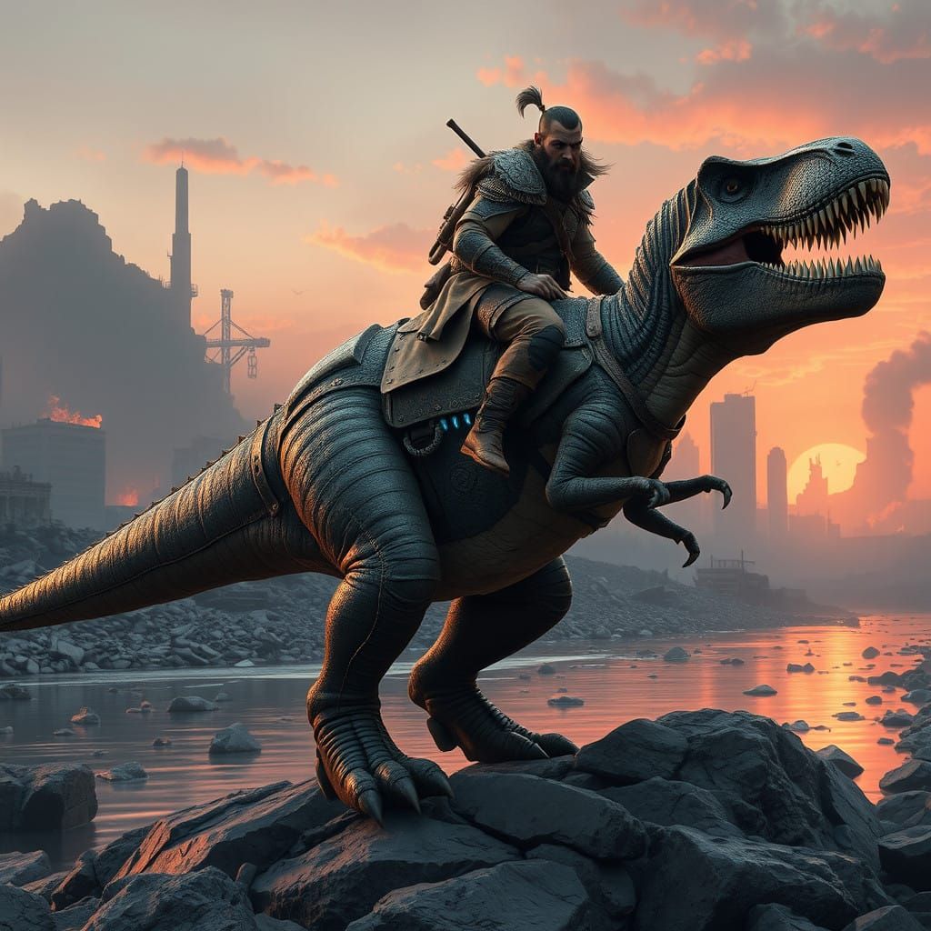 Warrior and T-Rex Stand Proud on Post-Apocalyptic Ruins