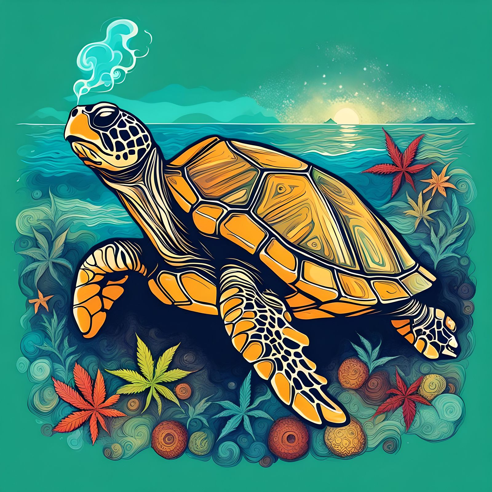 Sea Turtle Smokes Weed: Abstract Beach Art