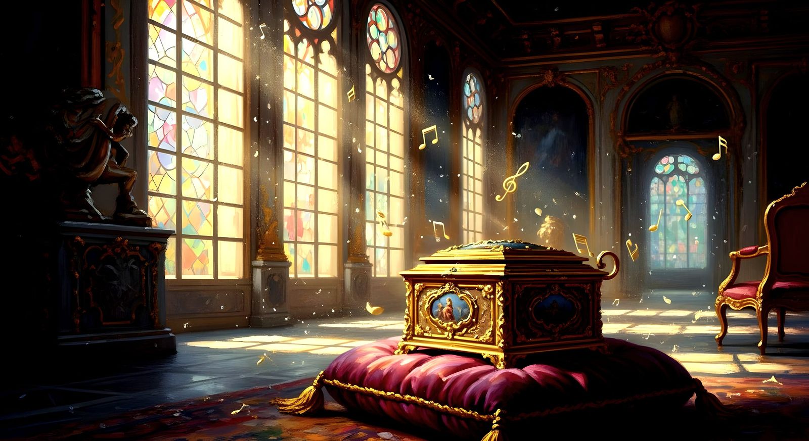 Ornate Baroque Music Box in Sunlit Hall