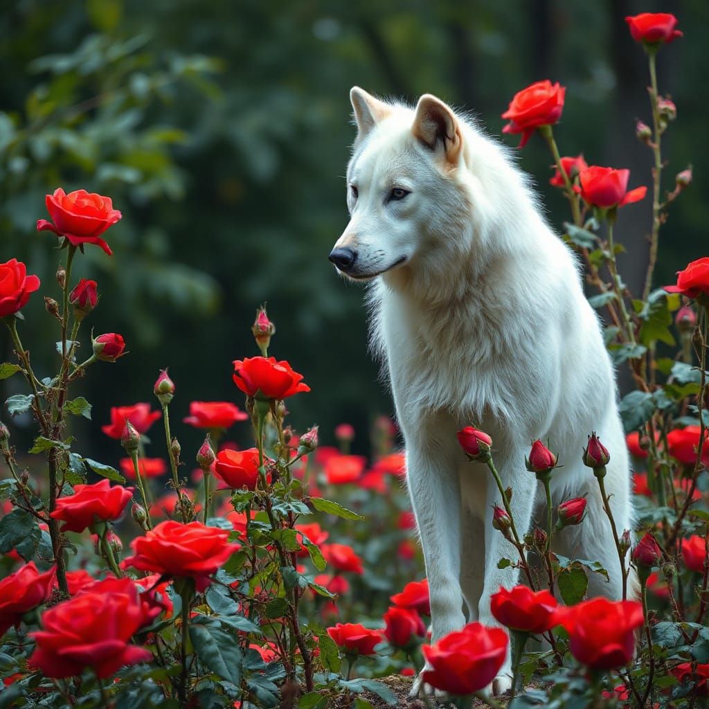 White Wolf in Vibrant Garden Sanctuary
