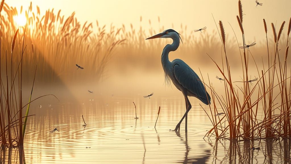 Ethereal Dawn Wetland Scene in Impressionist Photorealism