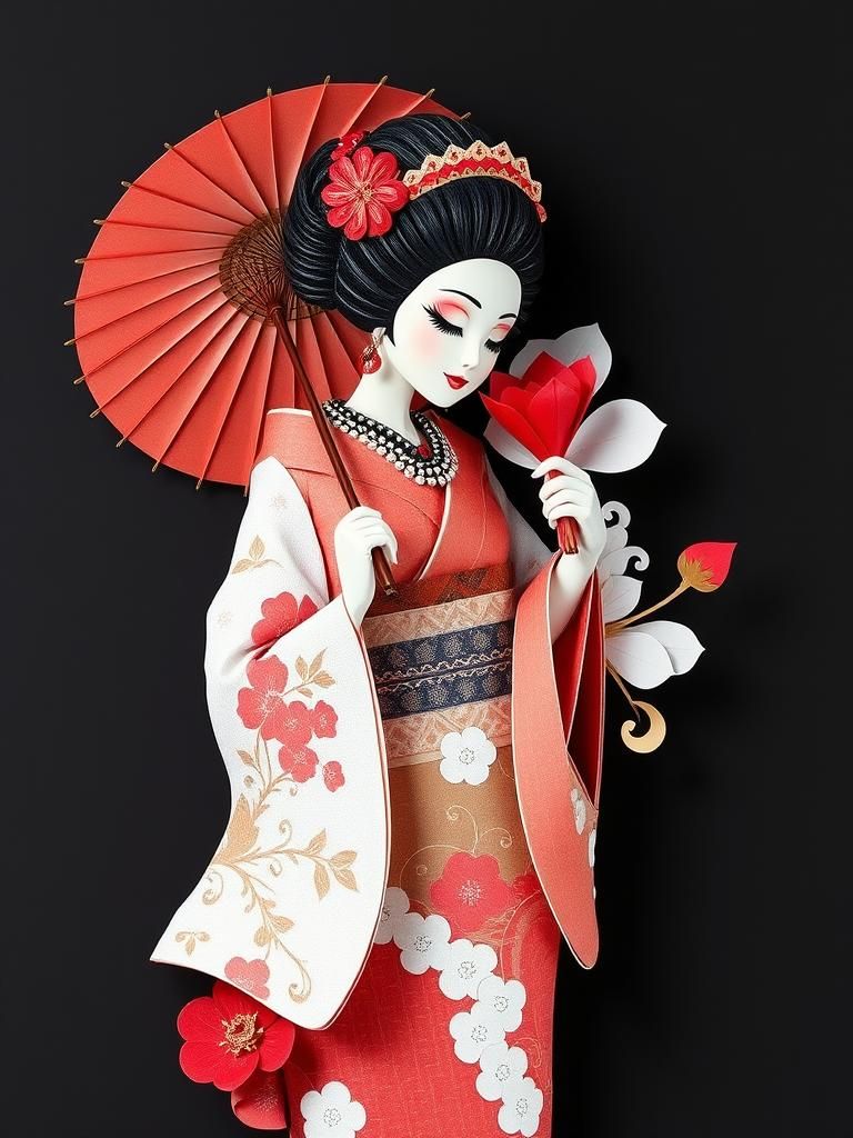 Ornate Paper Geisha with Parasol and Jewelry