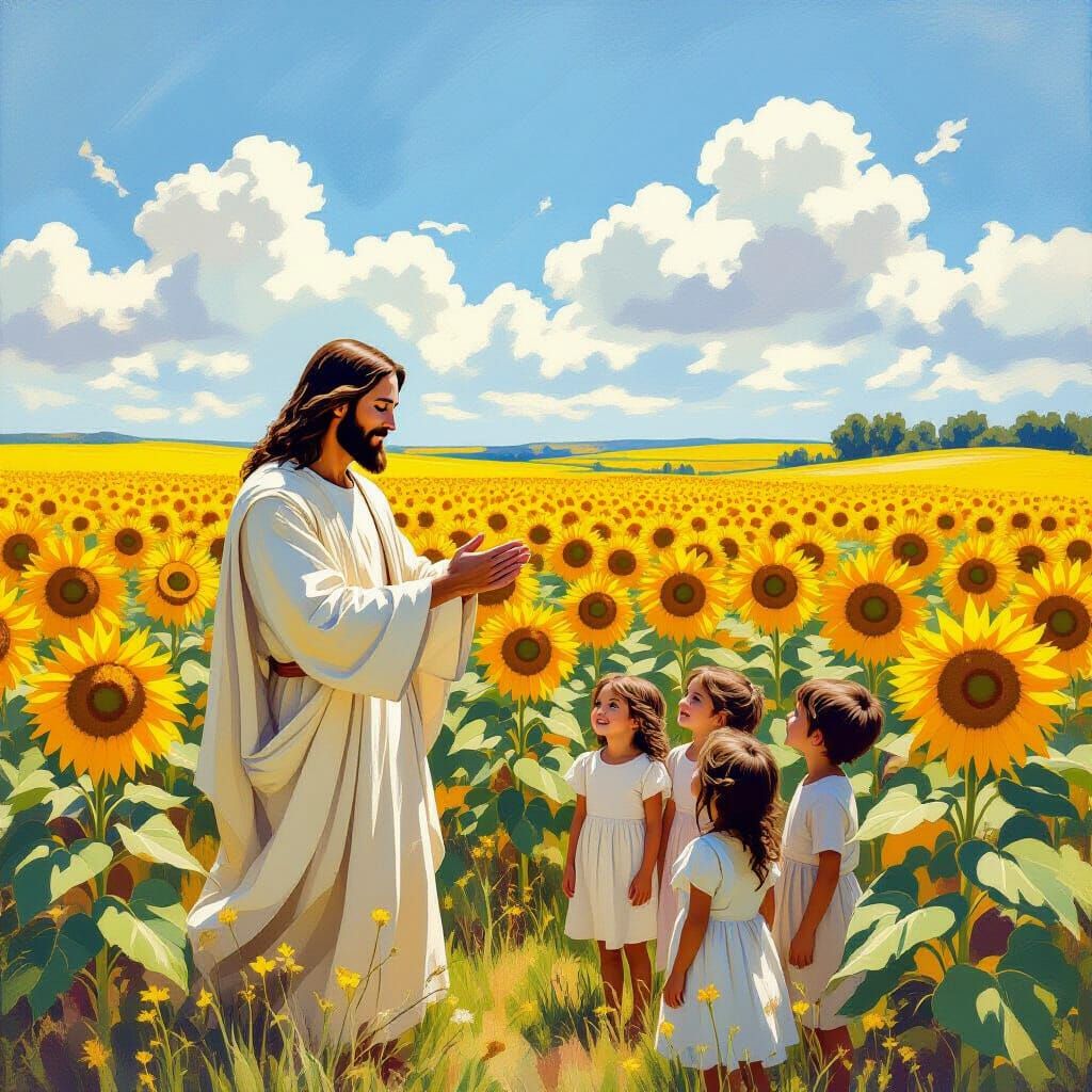 Jesus Christ stands in a field of sunflowers, his arms outst...