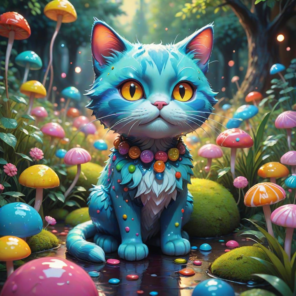 Spectral Cat Appears in Enchanted Garden Oil Painting