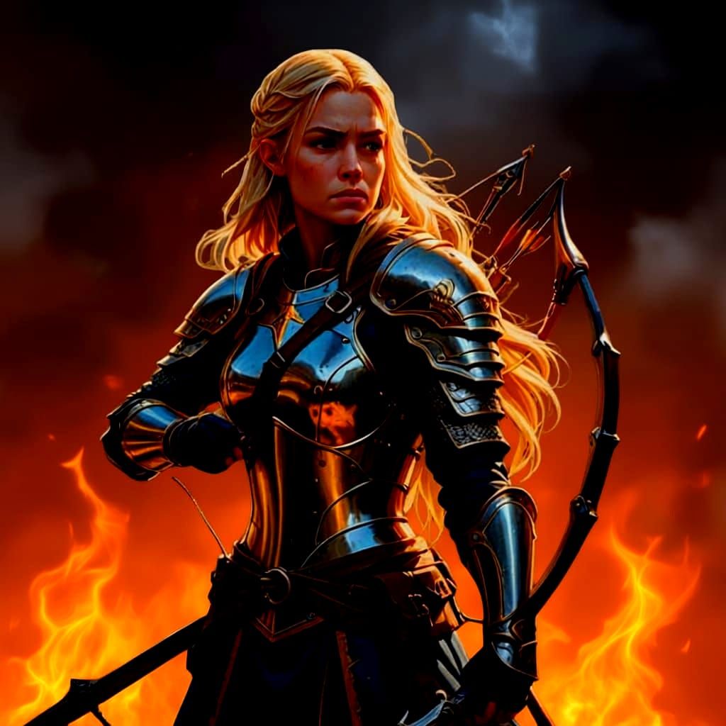 Blonde Warrior Aims Crossbow at Rat