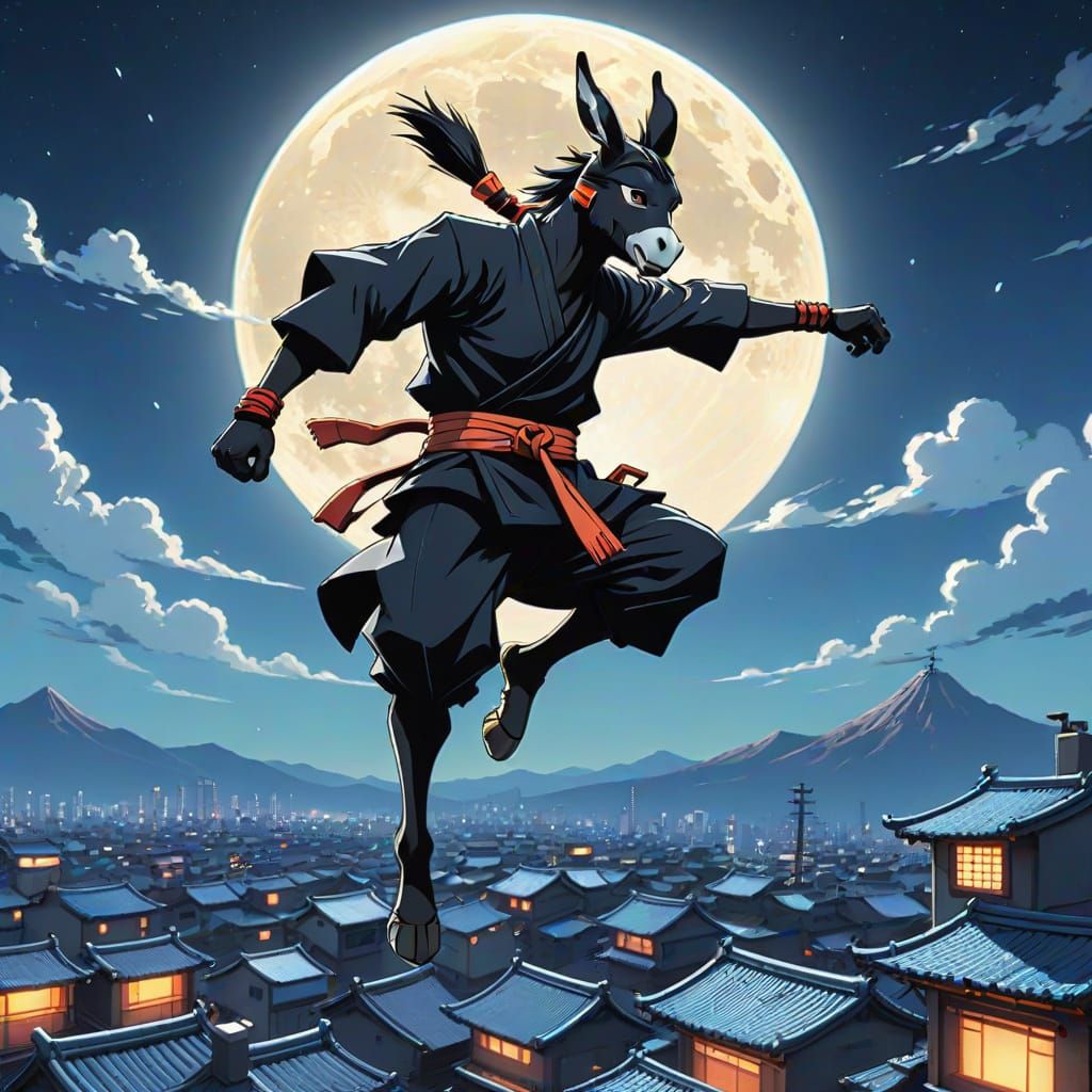 Cartoon Ninja Donkey Leaps Under Moonlight: Anime Concept