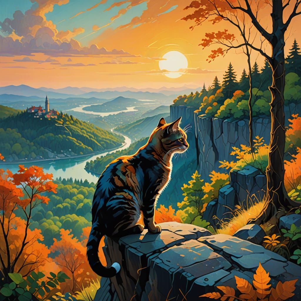Whimsical Cat Surveys a Majestic Cityscape in a Vibrant Oil ...