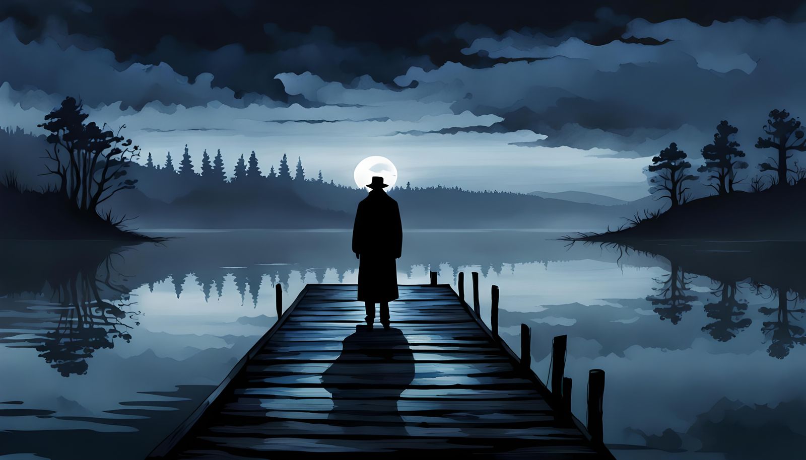 Watercolor Painting of a Forsaken Lake at Dusk