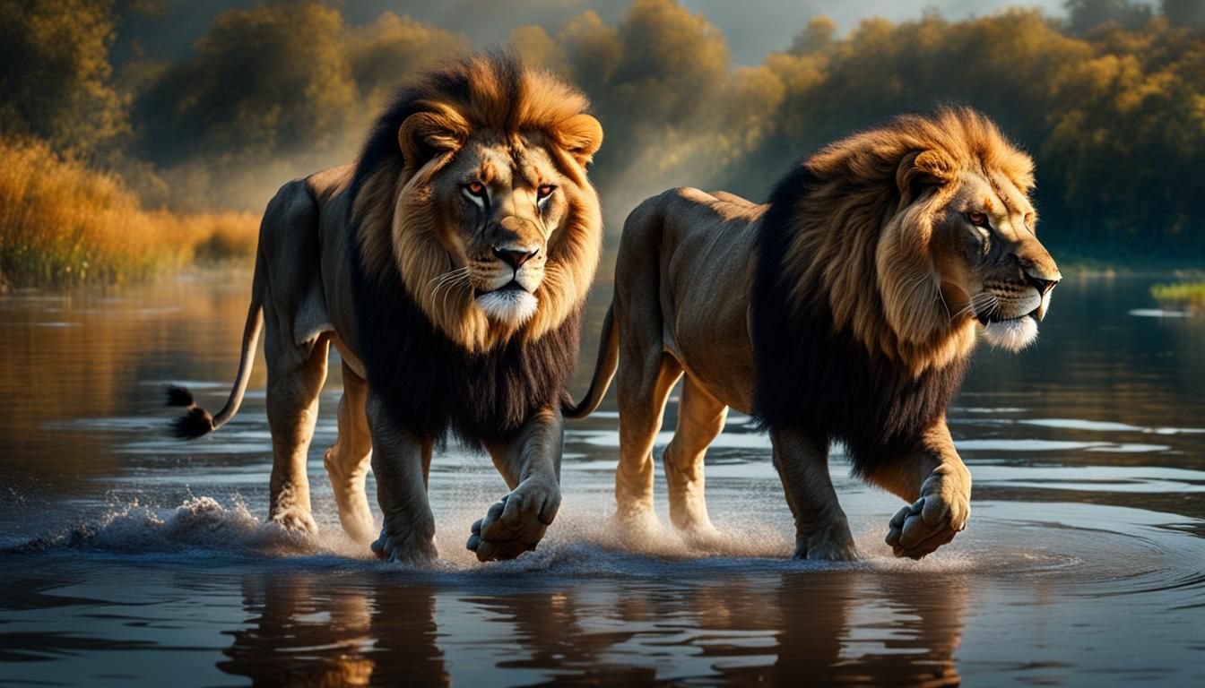 Cinematic Lions in Lake: Hyperrealistic Digital Art