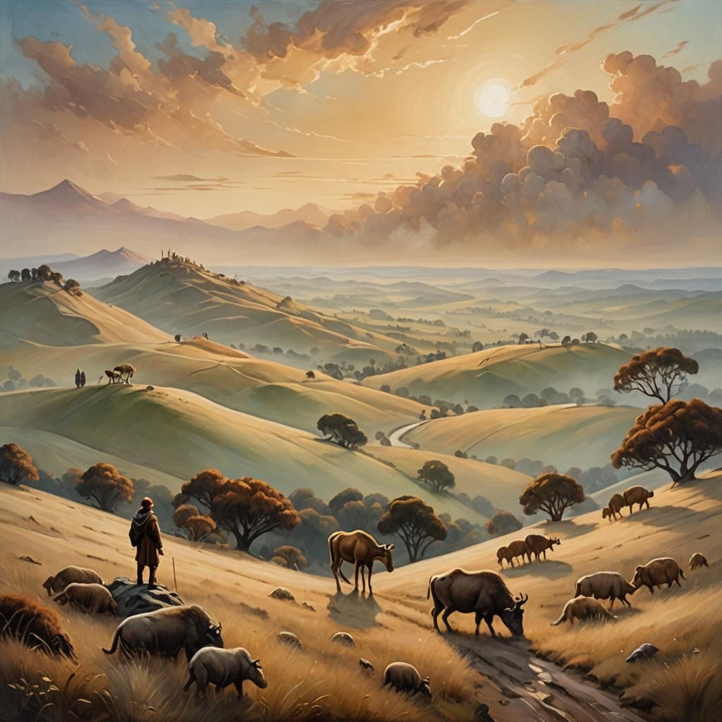 Symbolist Landscape with Wild Animals, Oil Painting