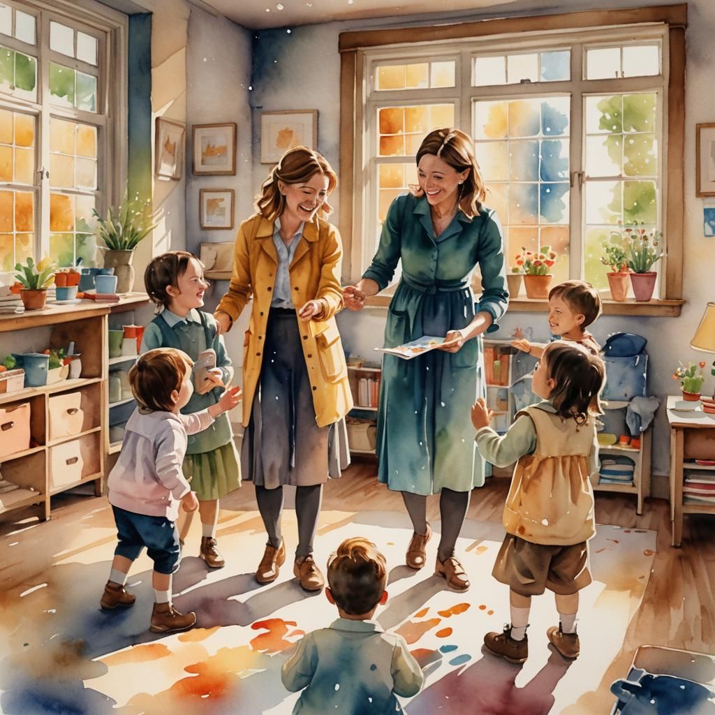 Teacher and Children in Nursery: Watercolor Illustration