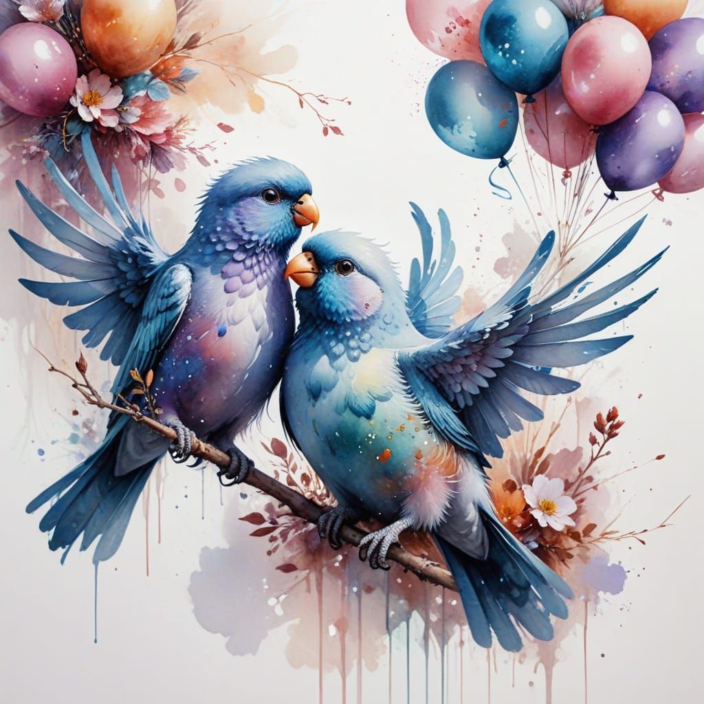 Love Birds with Iridescent Balloons in Art Nouveau Style