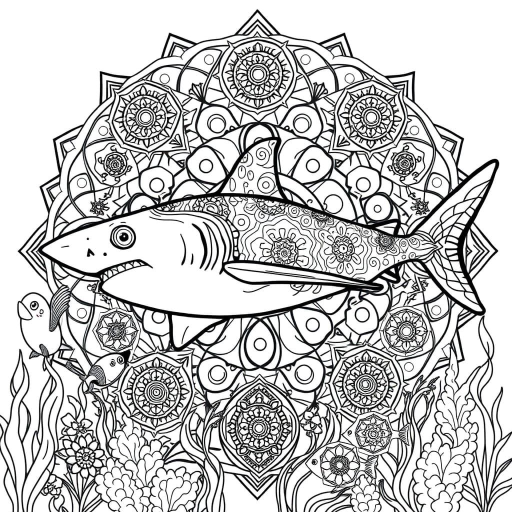 Stylized Shark and Fish in Geometric Mandalas for Coloring