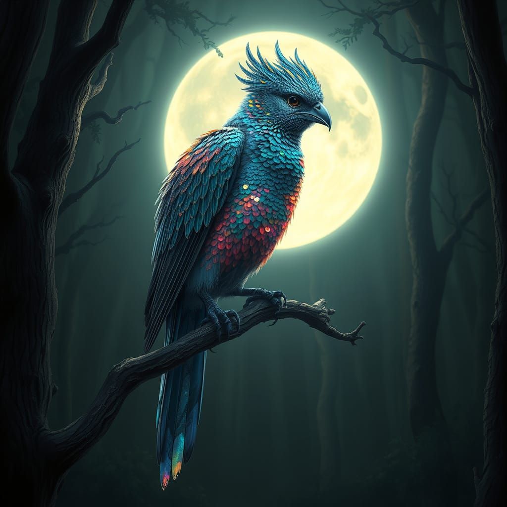 Majestic Sequin Bird in Ethereal Forest Glow