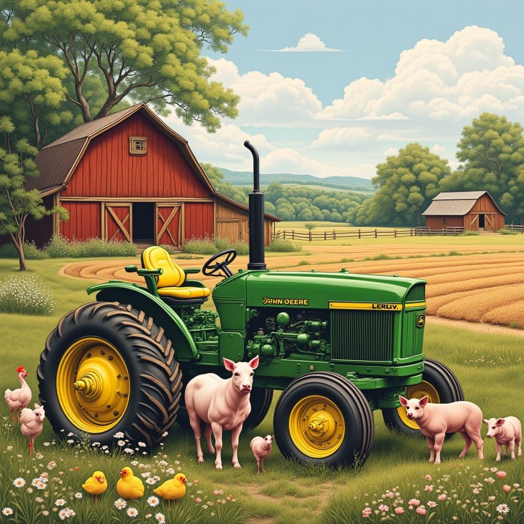 John Deere Tractor in Rural Coloring Book Style