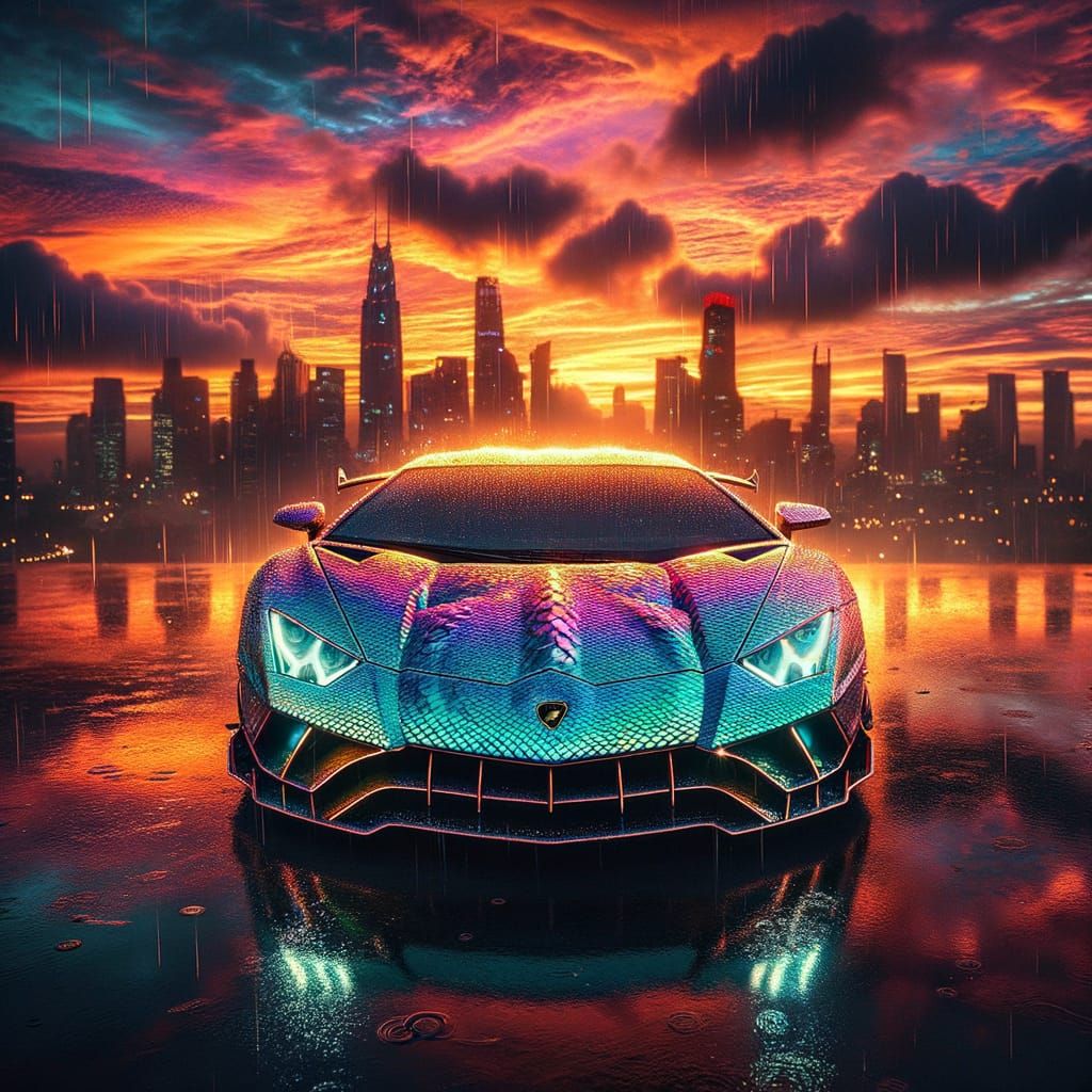 Dragon Scale Lamborghini at Dawn in the Rain
