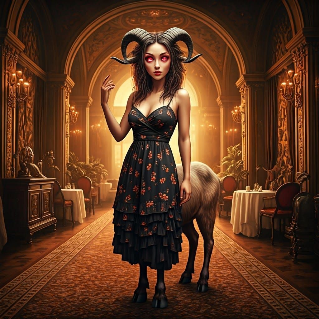 Mystical Woman-Goat Hybrid in Retro Restaurant Foyer