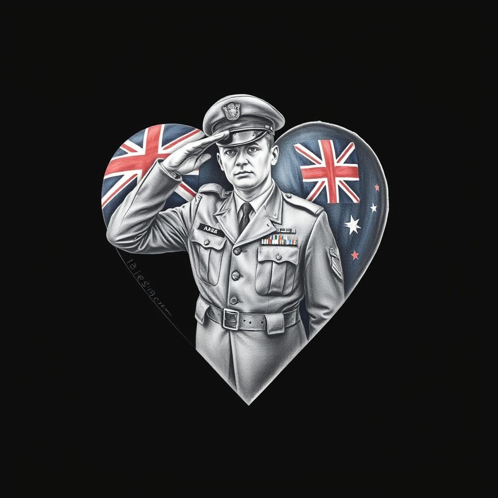 Australian Soldier Saluting Inside Heart, Charcoal Drawing
