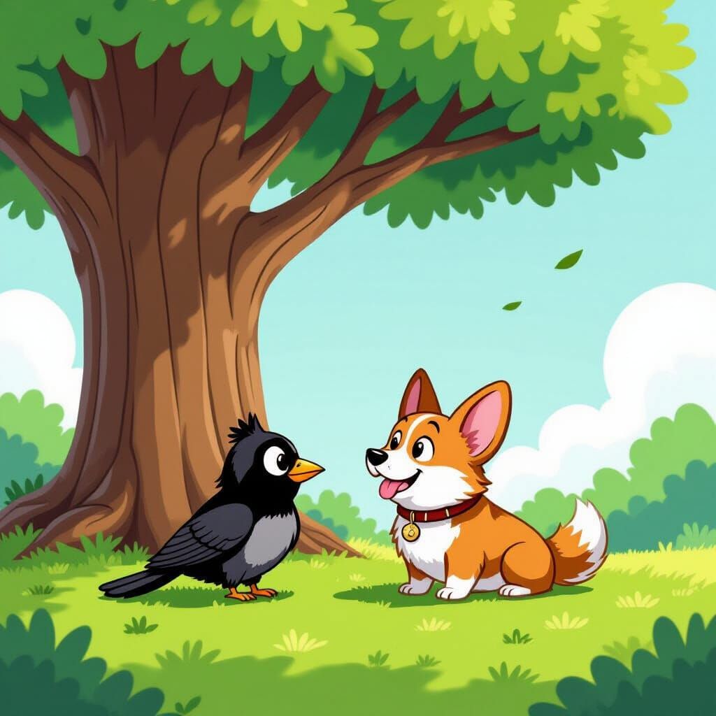 Cartoon Corgi and Crow in Looney Tunes Style