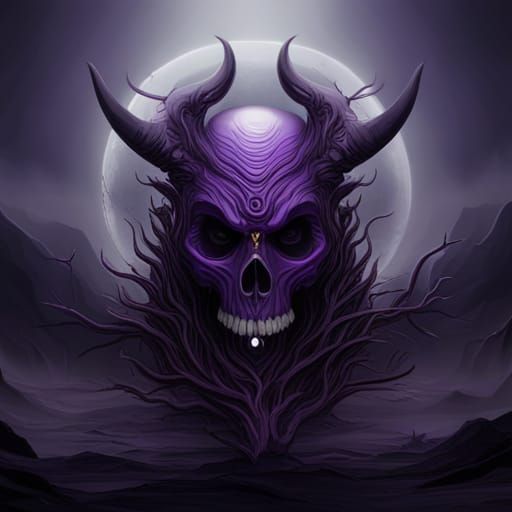 Demonic Purple Skull with Horns in Detailed Matte Painting