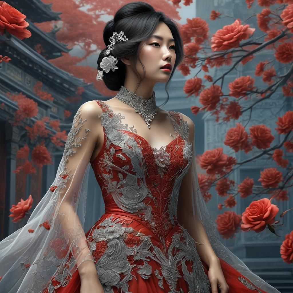 Asian Woman in Tulle Dress, Laurie Lipton Style