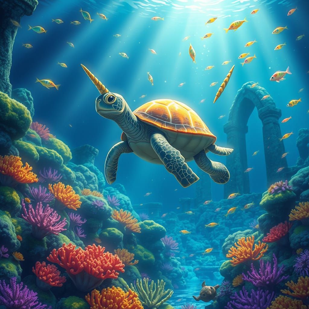 A turtle-unicorn hybrid gracefully leaping through a vibrant, bioluminescent coral reef, surrounded by schools of shimme...