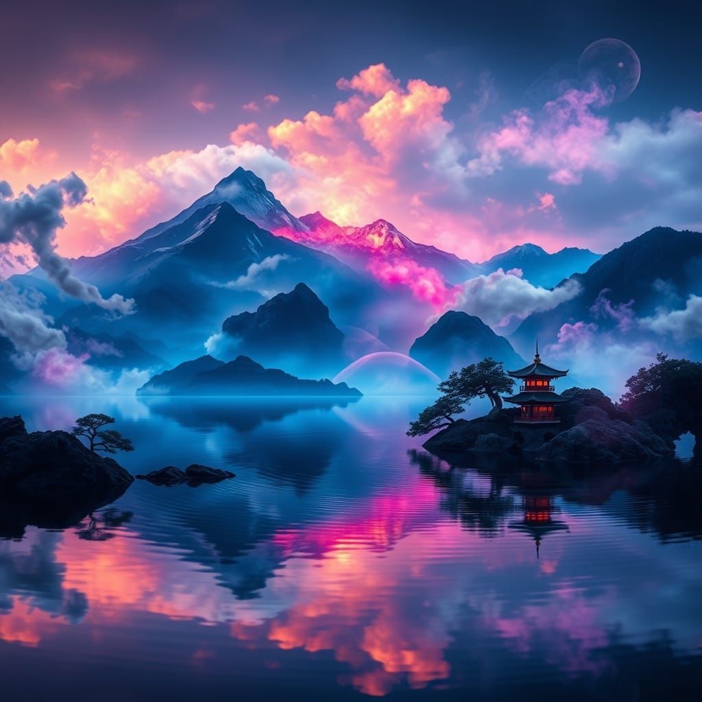 Japanese Mountains Reflected in Ink-Infused Sapphire Water