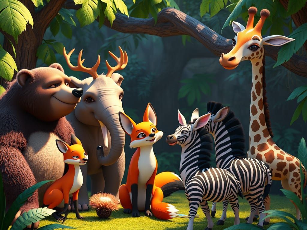 Whimsical Jungle Gathering in Vibrant 3D Animation Style