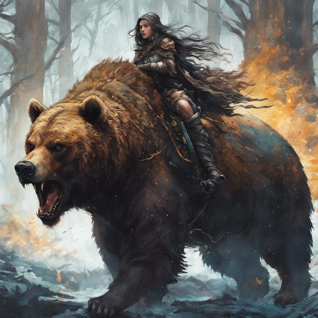 Armored Grizzly Bear and Spellbinding Witch: Digital Art