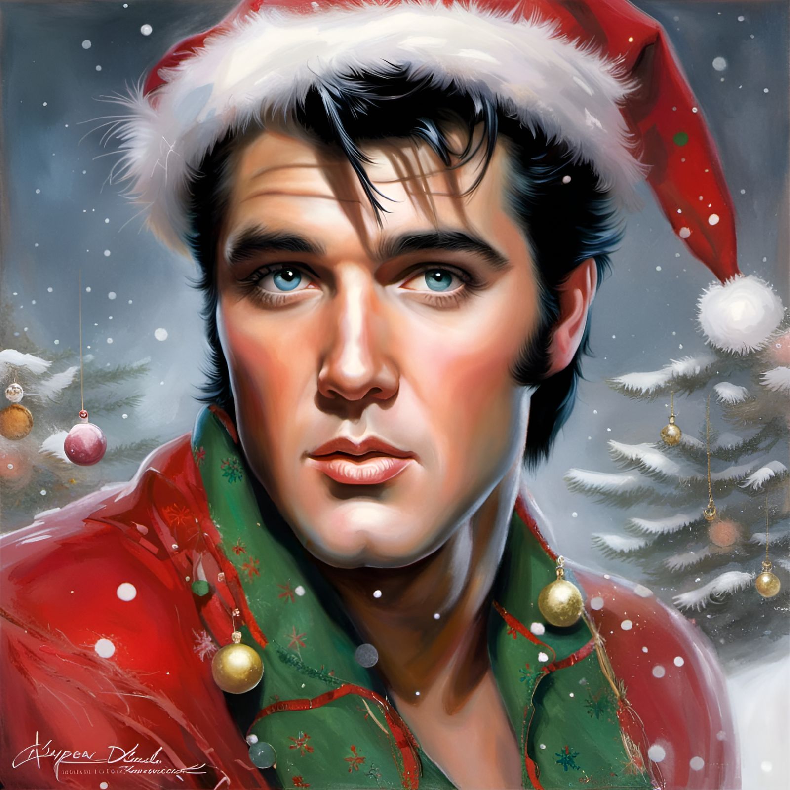 Elvis as Christmas Elf in Snowy Portrait