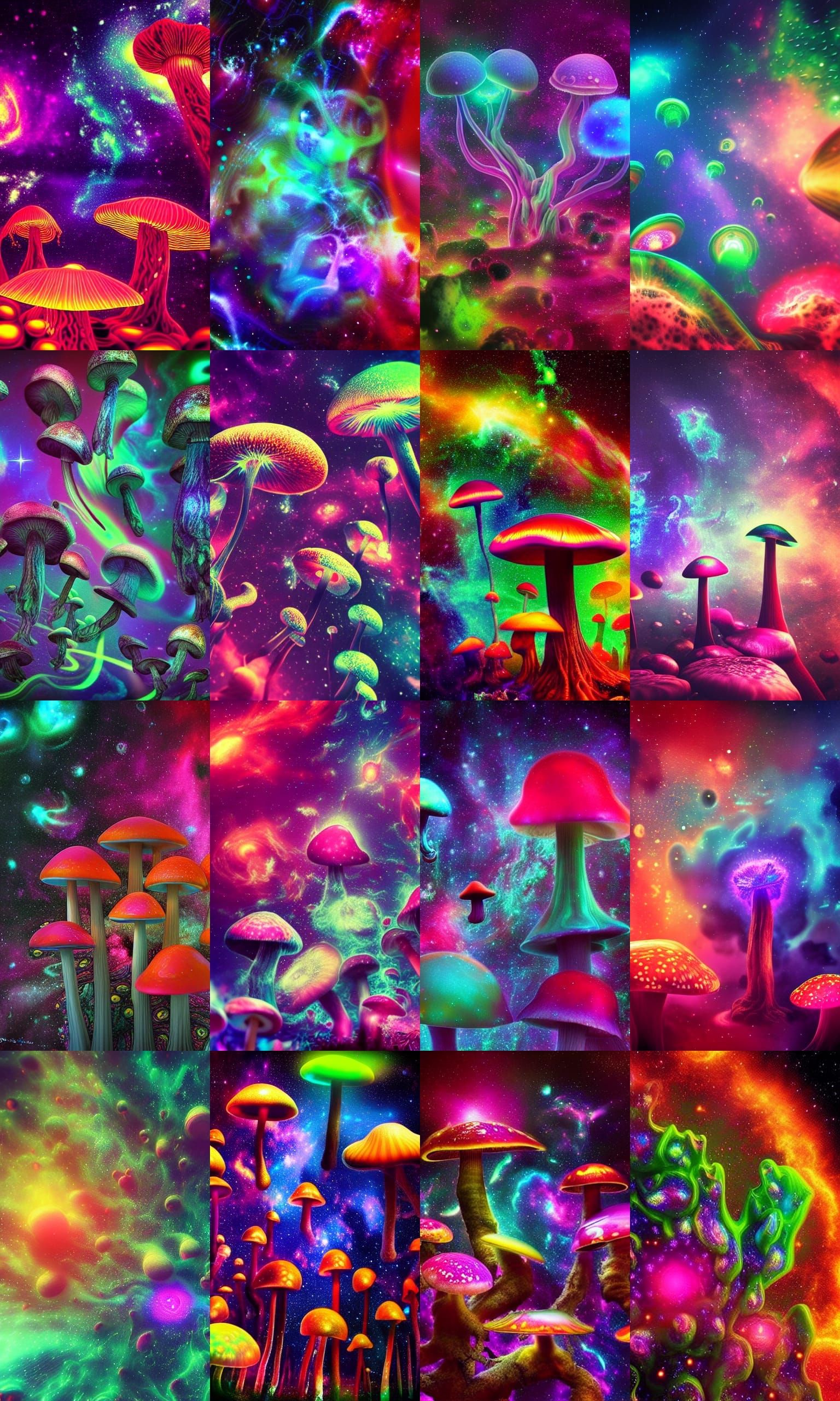 Psychedelic Neon Mushrooms in Cosmic Landscape