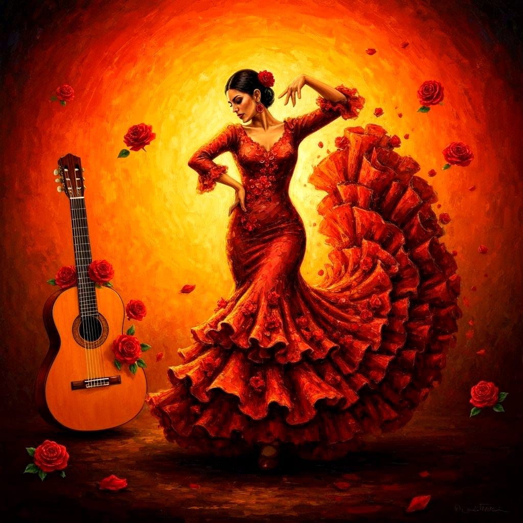 Flamenco Dancer in Fire Red Dress as Impasto Painting