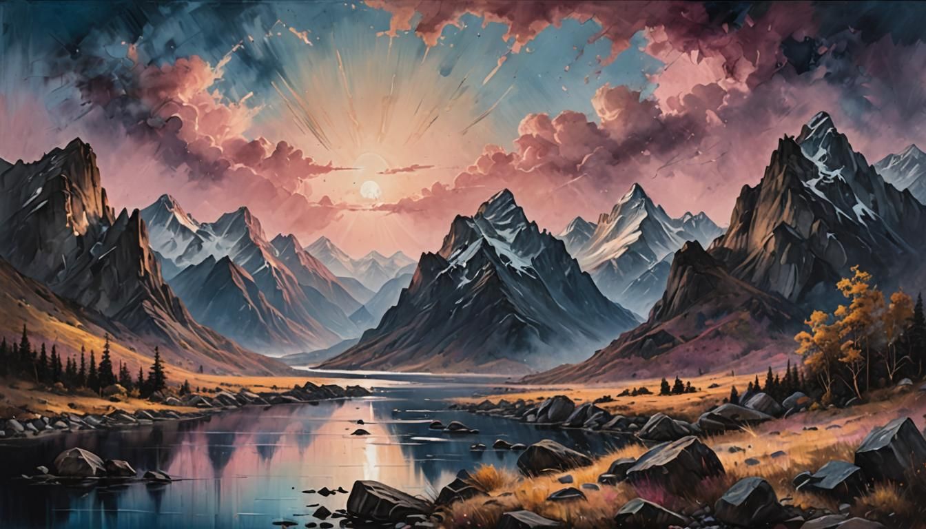 Majestic Mountain Range at Dawn as Oil Painting