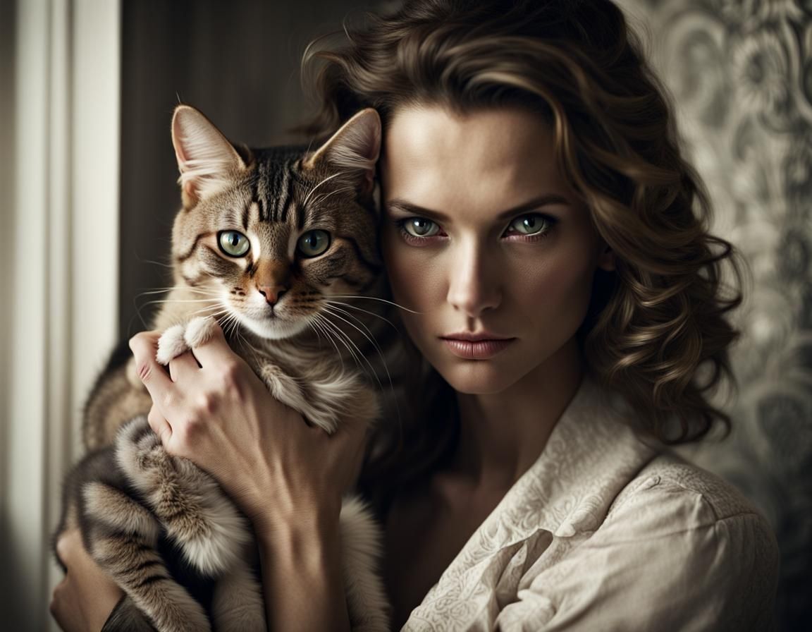 Elegant Woman with Cat in Ambient Light Portrait