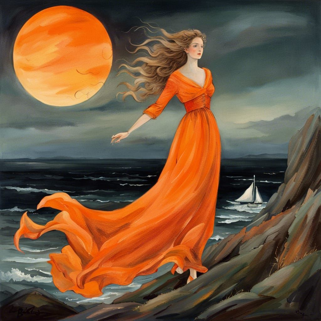 Woman with Lantern Overlooking Sea in Watercolor Style