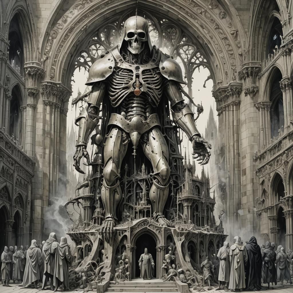 Android Hunchback: Surrealist Gouache and Ink Masterpiece