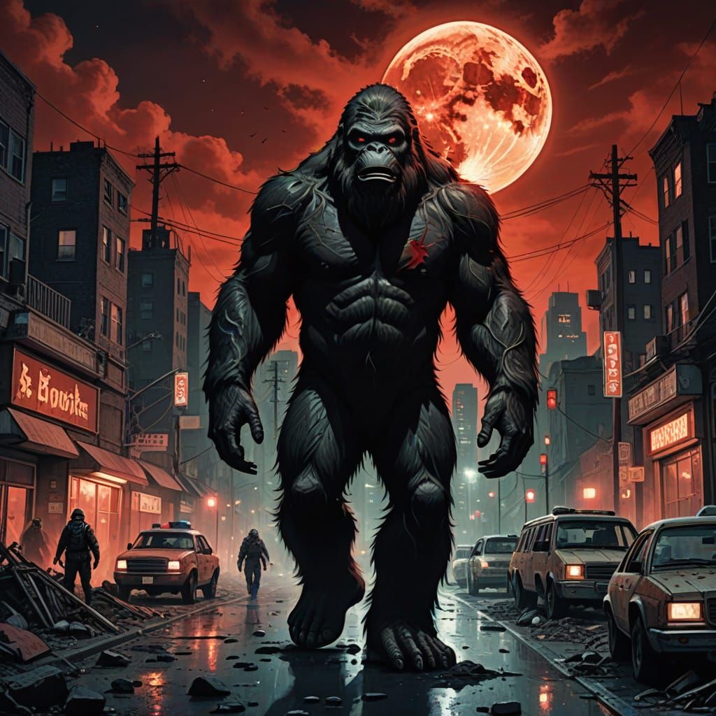Bigfoot in Apocalyptic City Under a Blood Moon