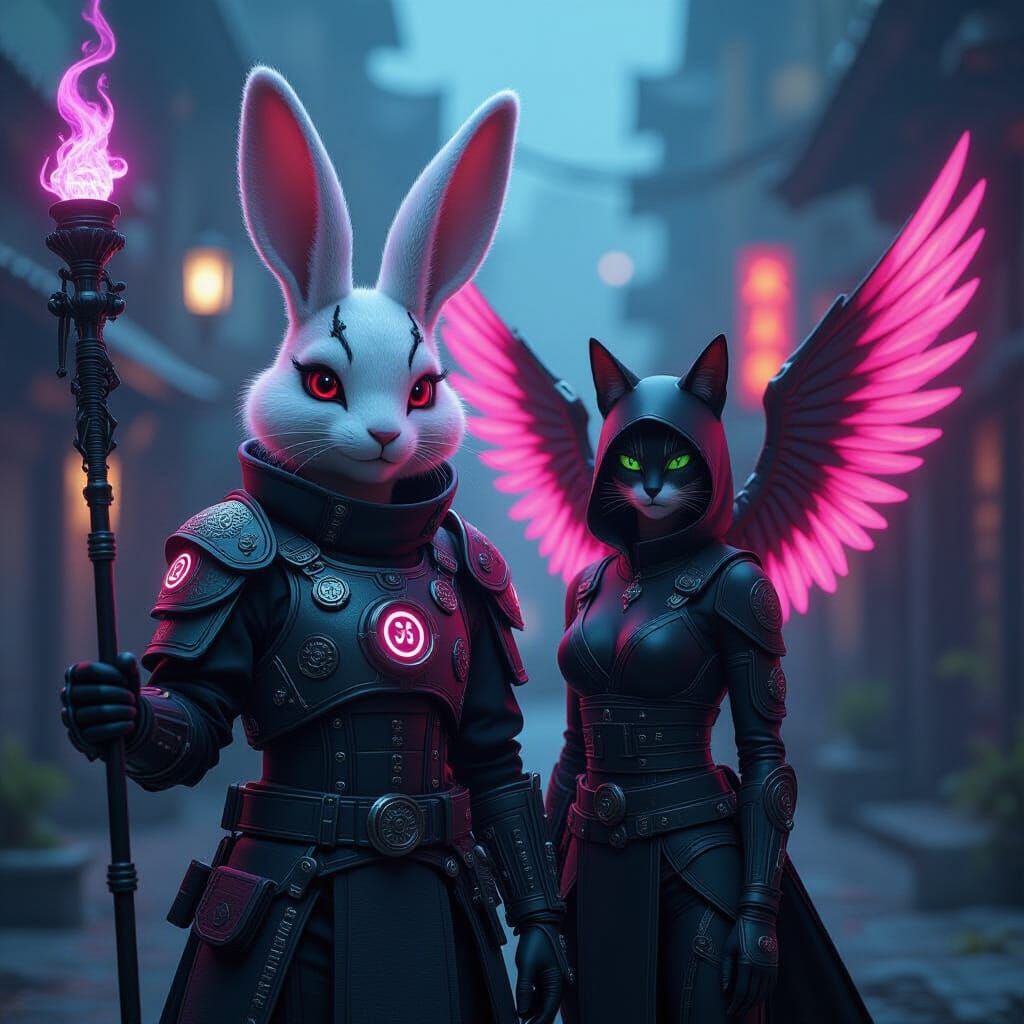 Cybernetic Rabbit-Fox Hybrid with Cat Ninja in Dystopian Sce...
