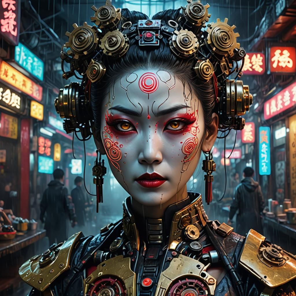Cyborg Geisha Exposing Mechanical Parts in Neon City