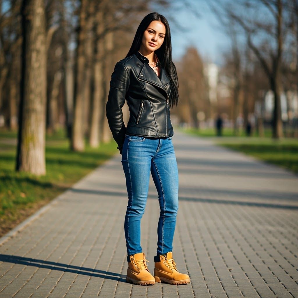 Woman in Leather Jacket on Sunny Walkway