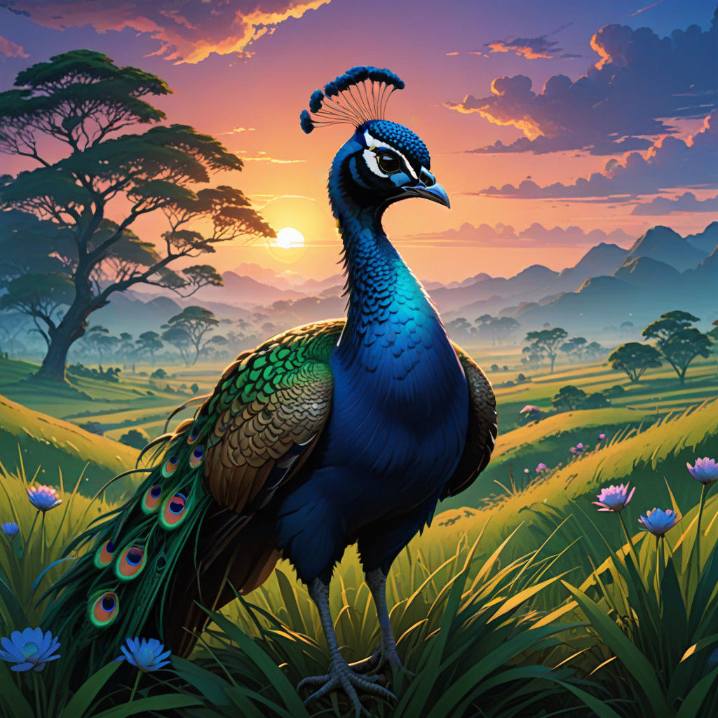 Majestic Peacock Radiates in Indonesian Prairie Twilight