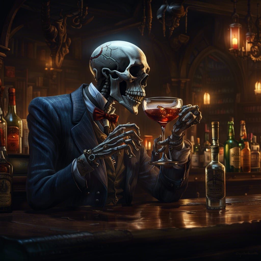 Skeleton Gentleman Drinking Souls, Dark Fantasy Concept Art