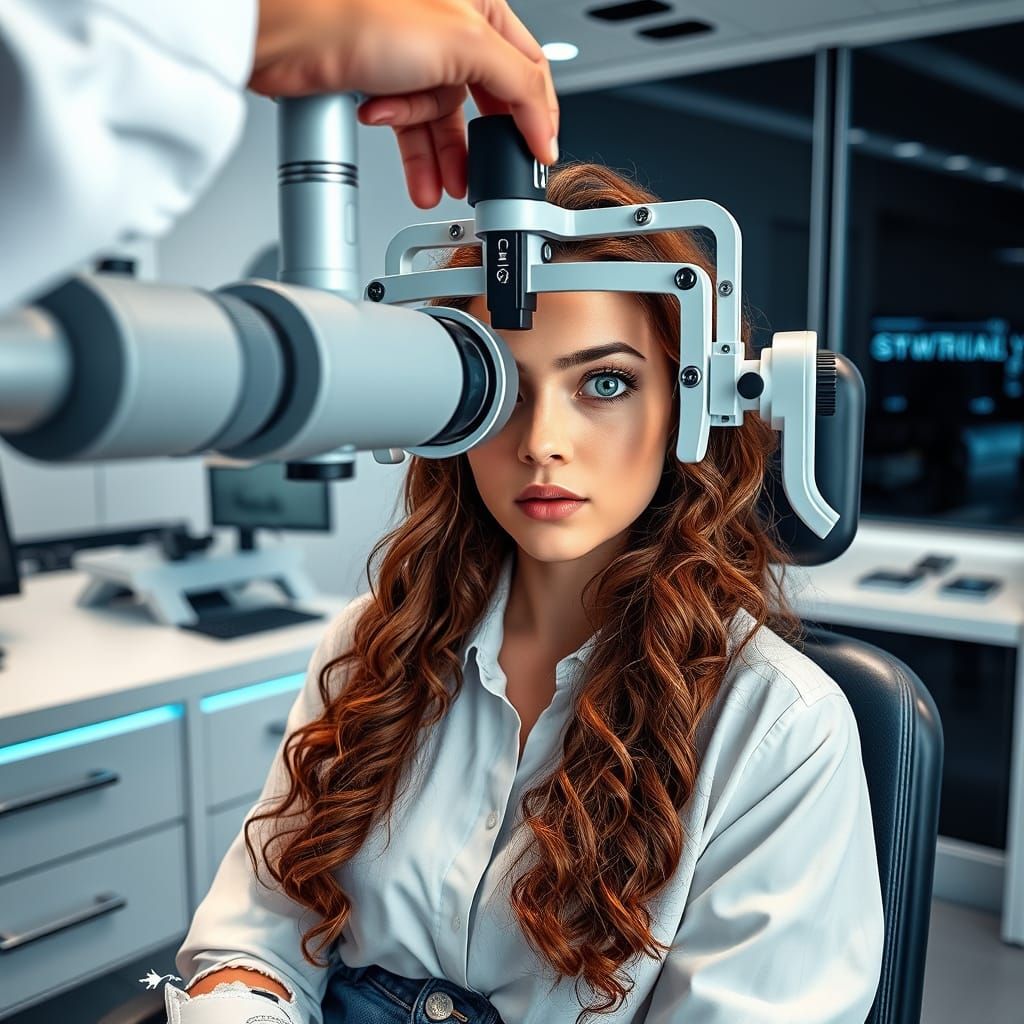 Young Woman in Futuristic Optometrist's Office
